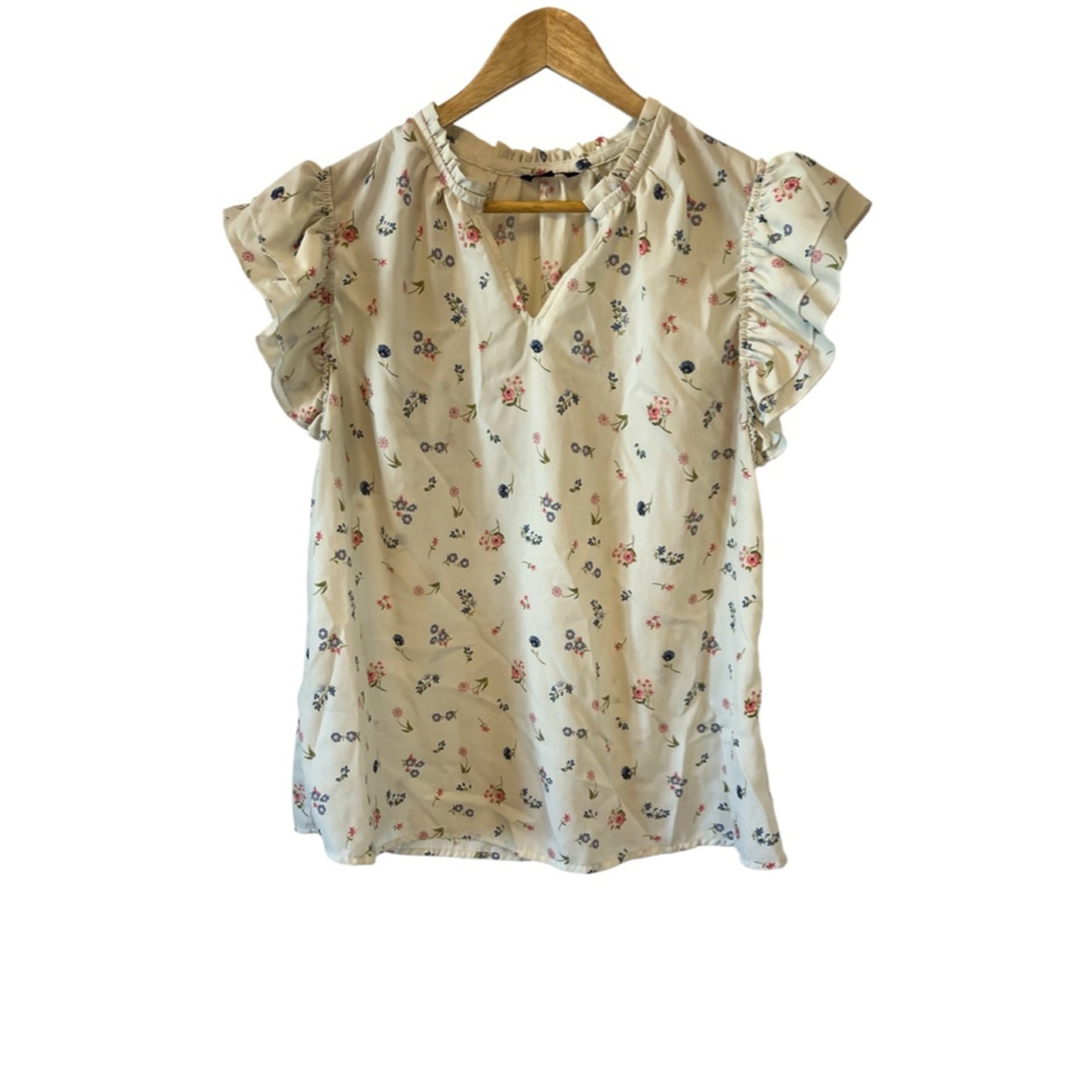 Women’s Blouse Printed Large Cream Flutter Short Sleeve Top Shirt L - Picture 1 of 8